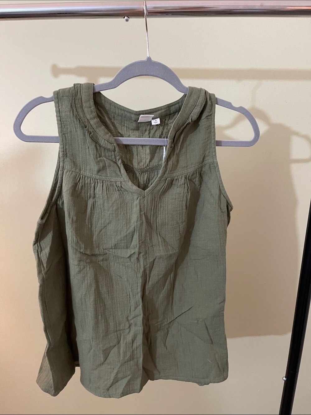 Gap Factory Cotton Gauze Sleeveless Olive Green V-Neck Top